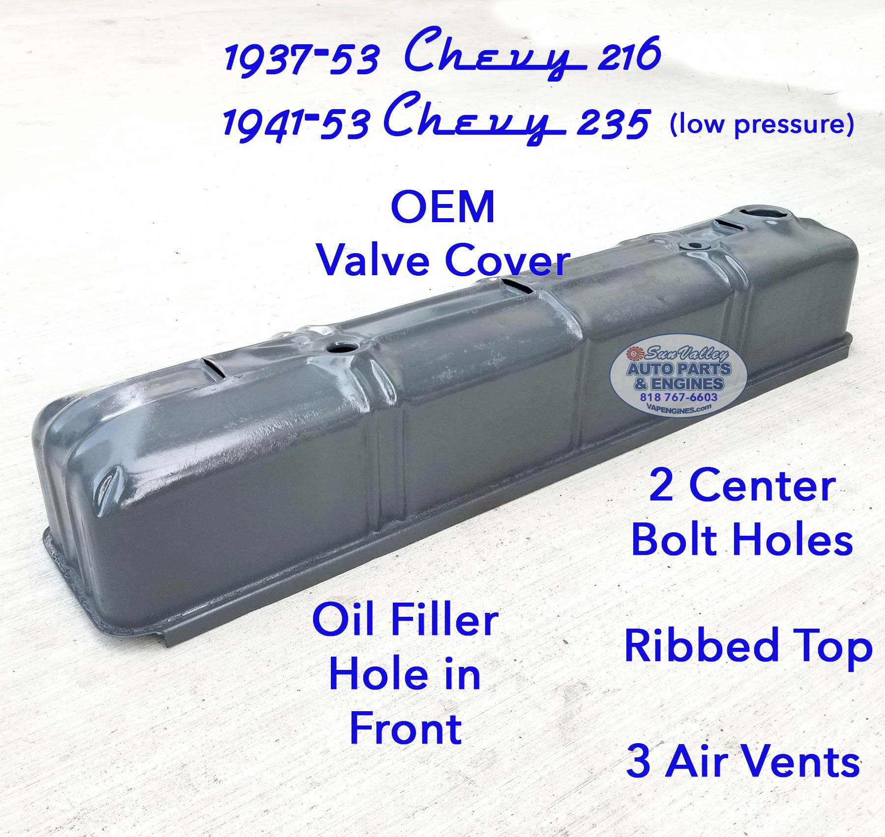 37-53 chevy 216 235 valve cover side angle view