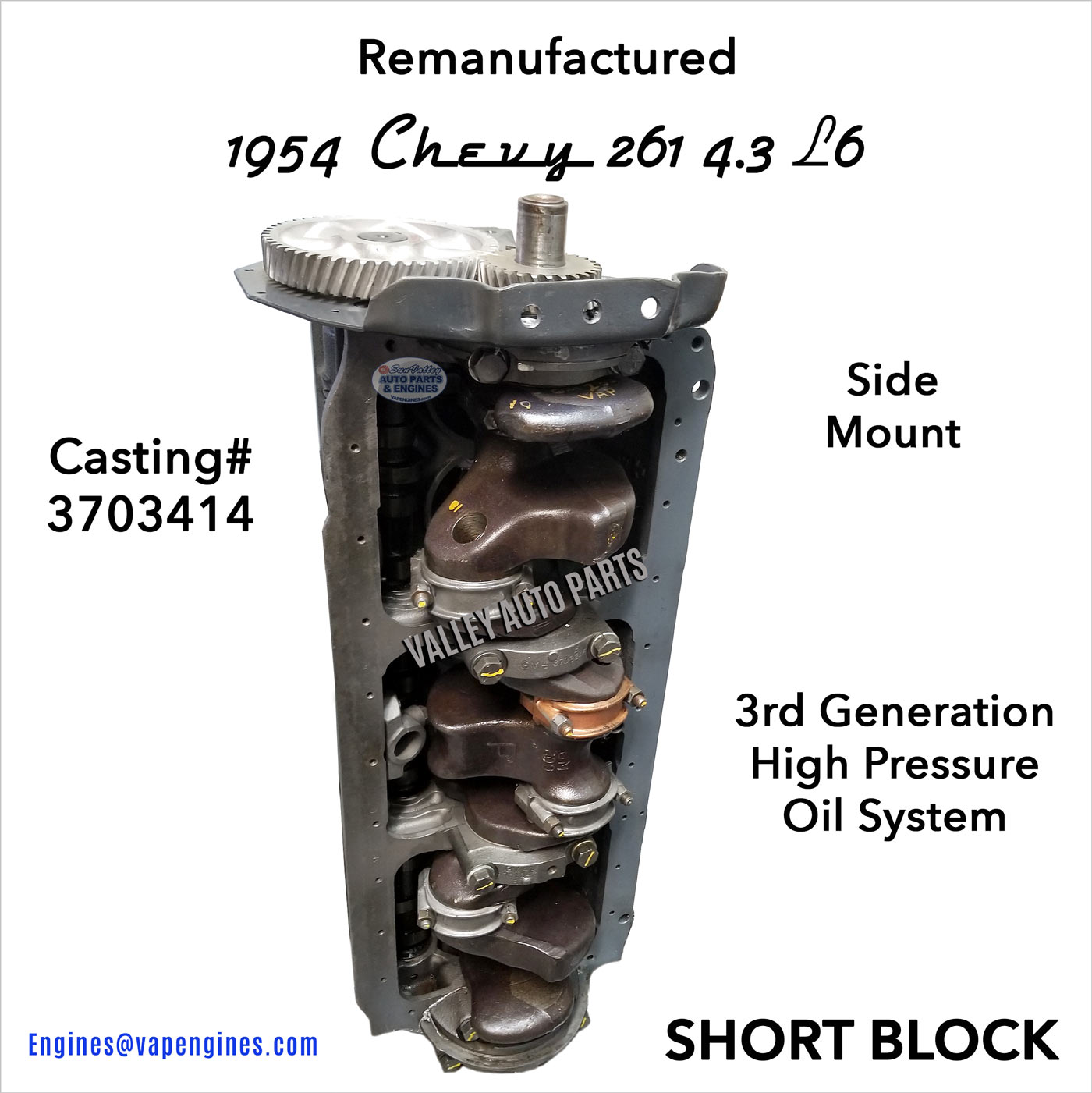 1954 Chevy 261 4.3L L6 Short Block Engine, crank view
