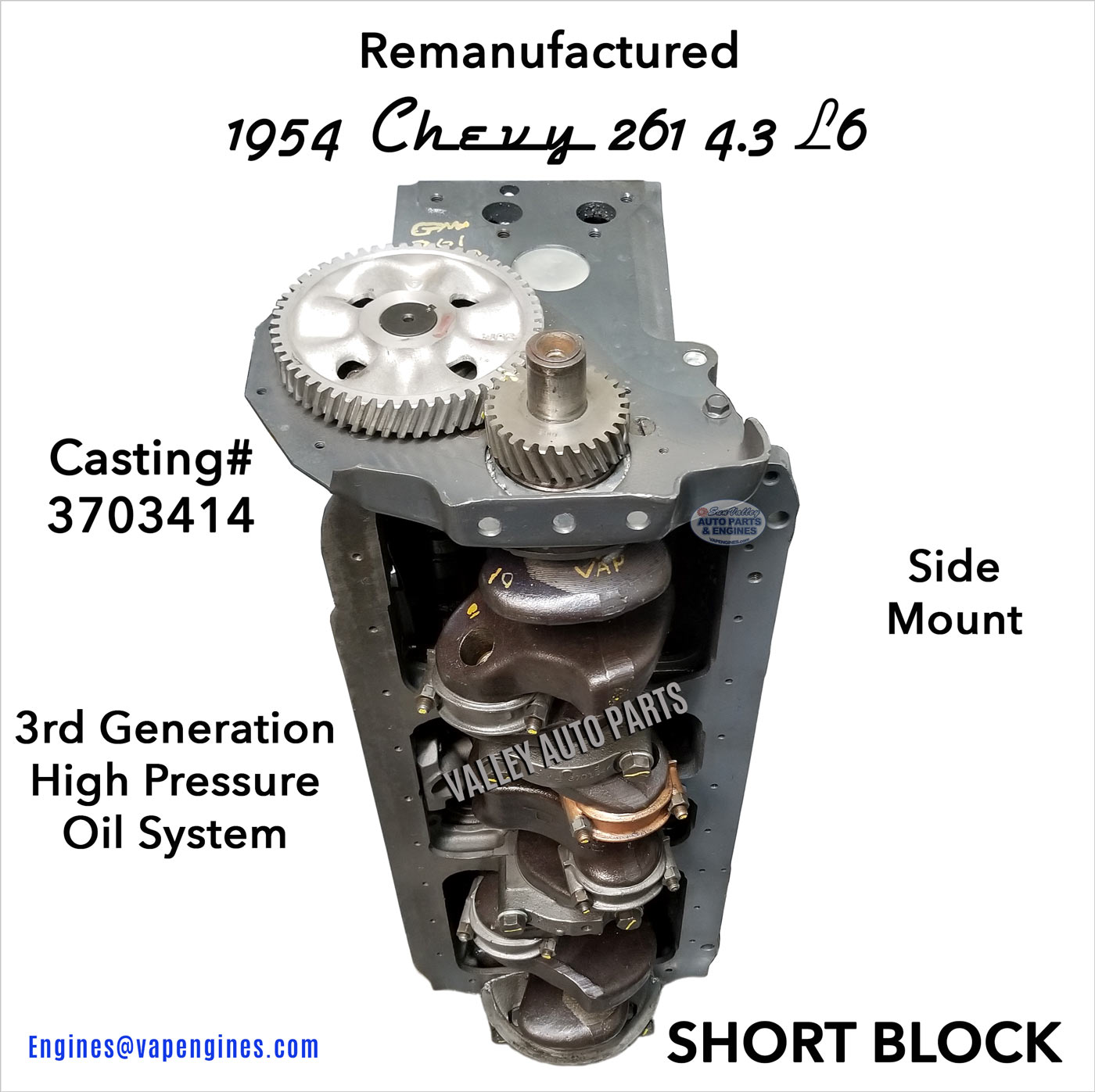 1954 Chevy 261 4.3L L6 Short Block Engine, timing view