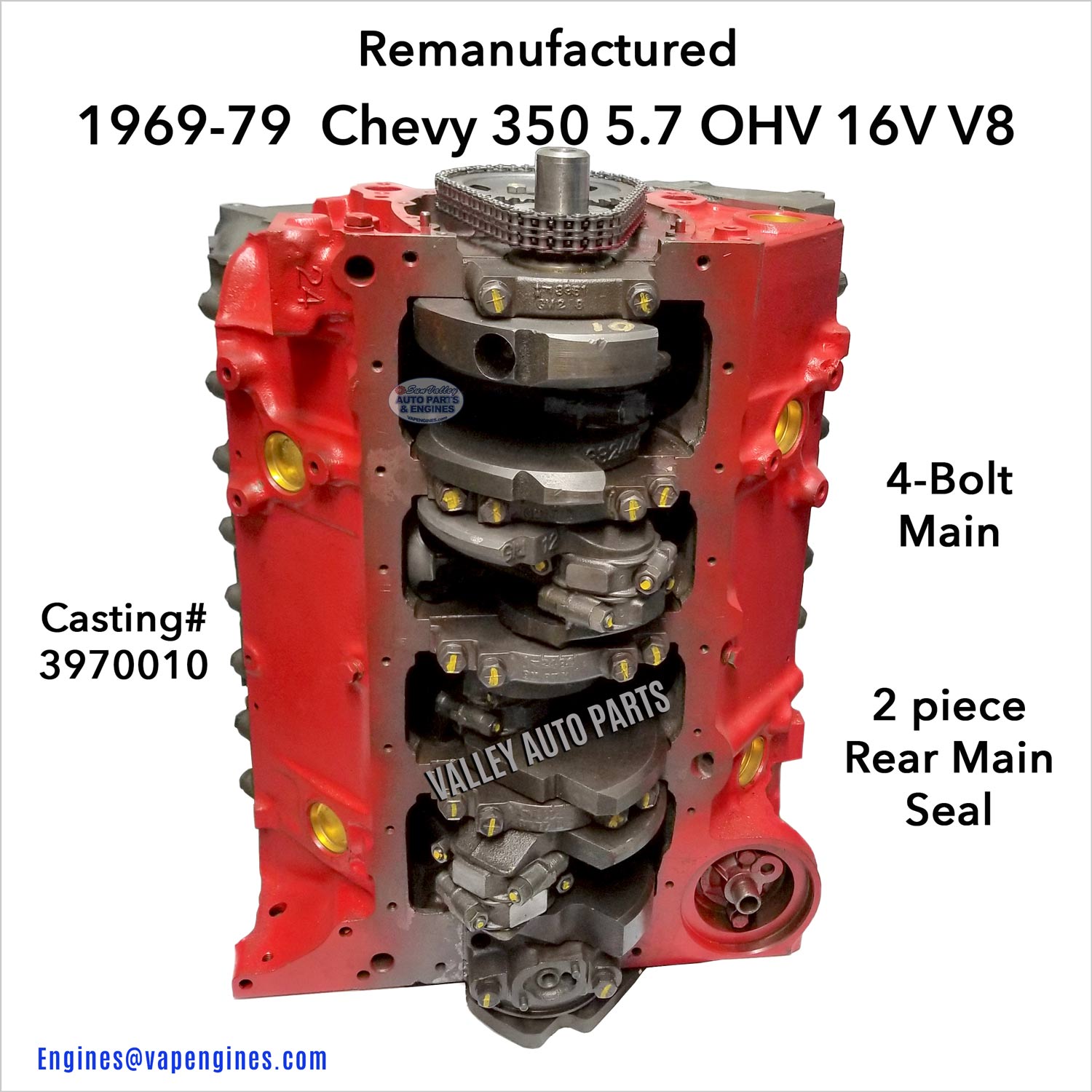 69-79 Chevy 350 5.7L OHV V8 Long Block Engine, crank view