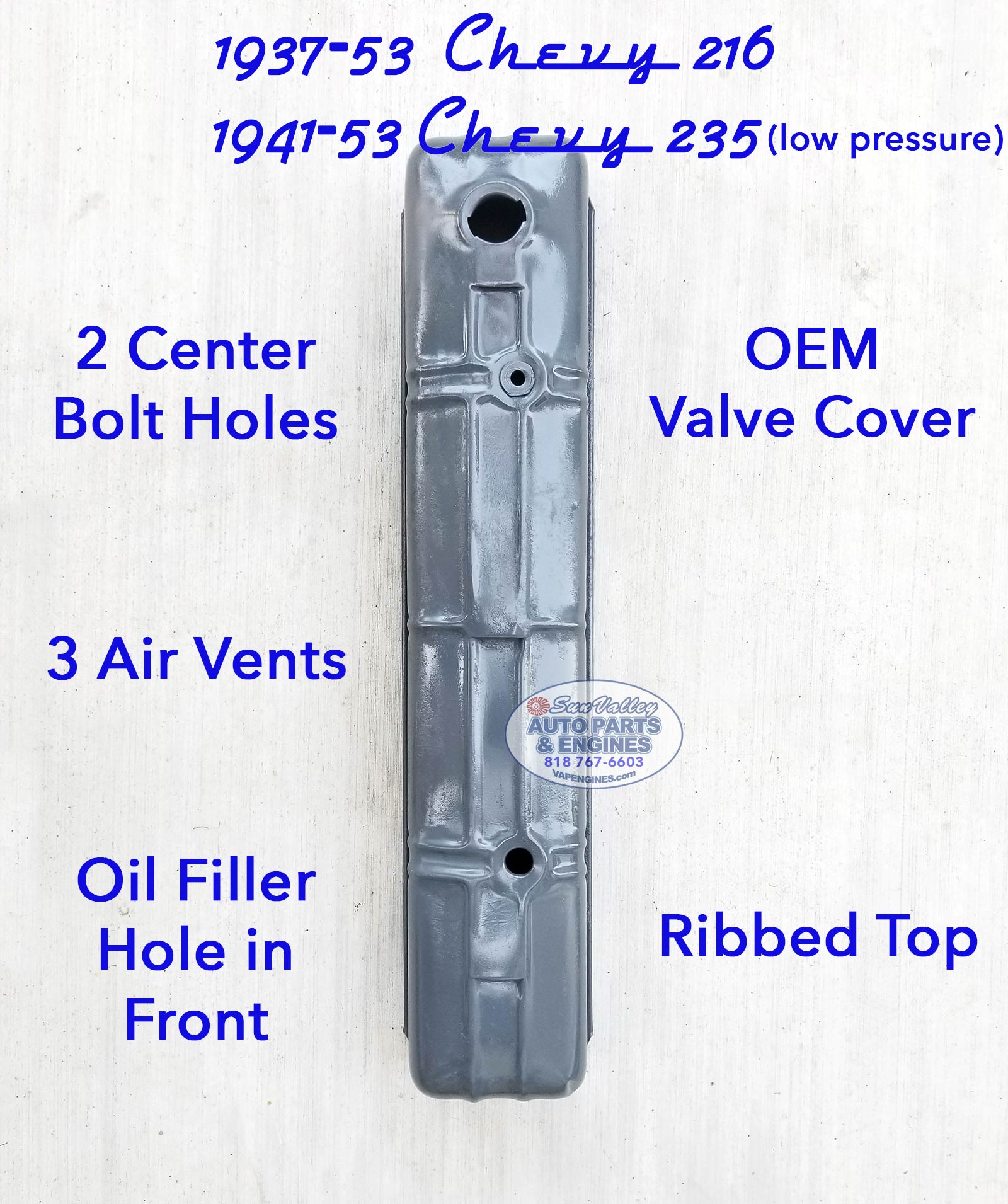 37-53 chevy 216 235 valve cover long view of top