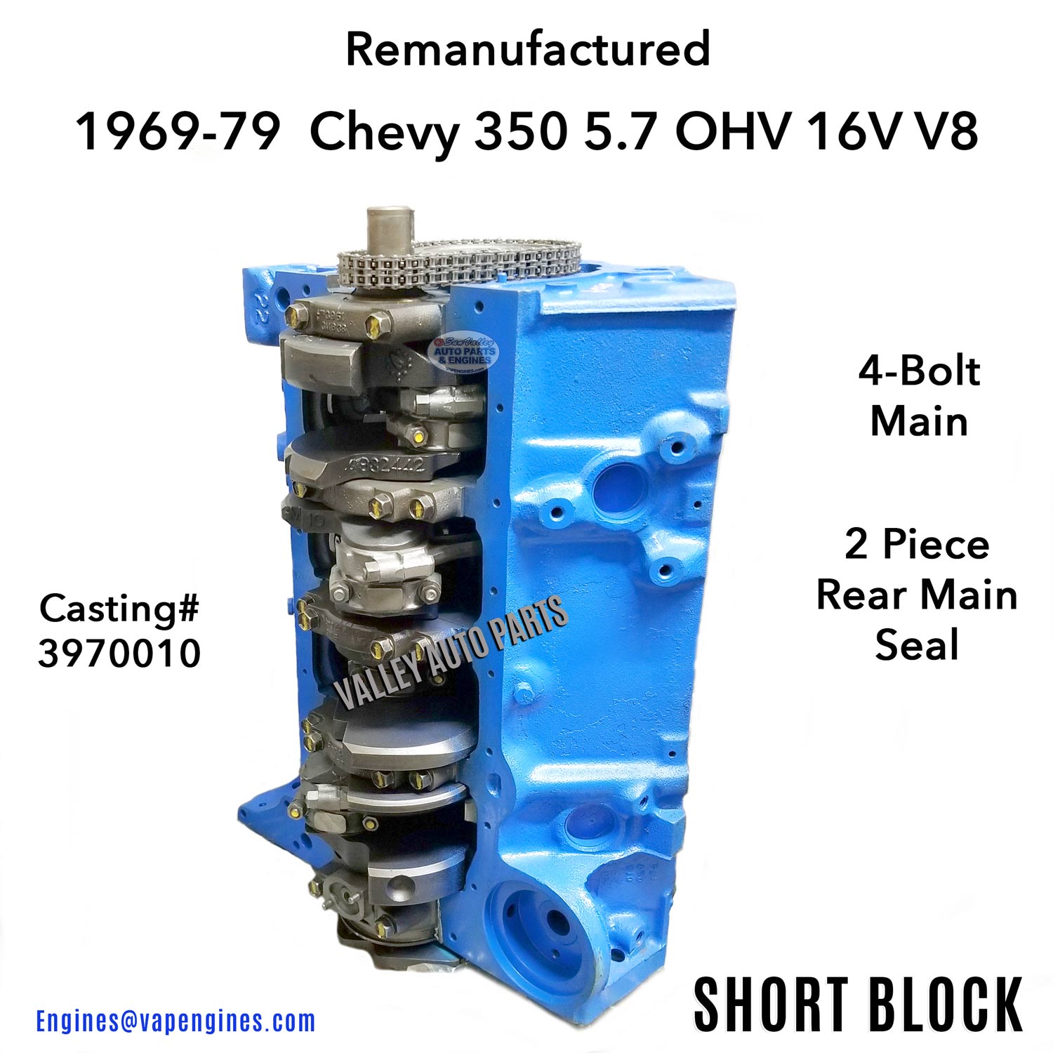 69-79 Chevy 350 5.7L OHV V8 Short Block Engine, side view