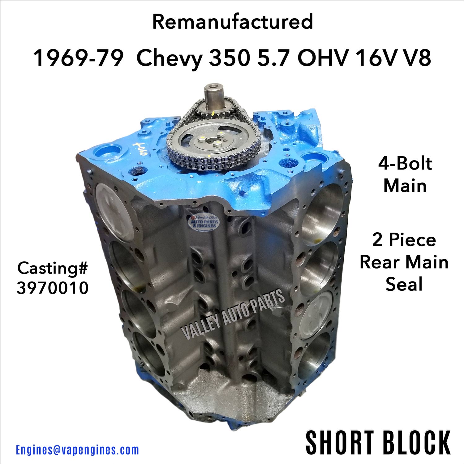 69-79 Chevy 350 5.7L OHV V8 Short Block Engine, main photo