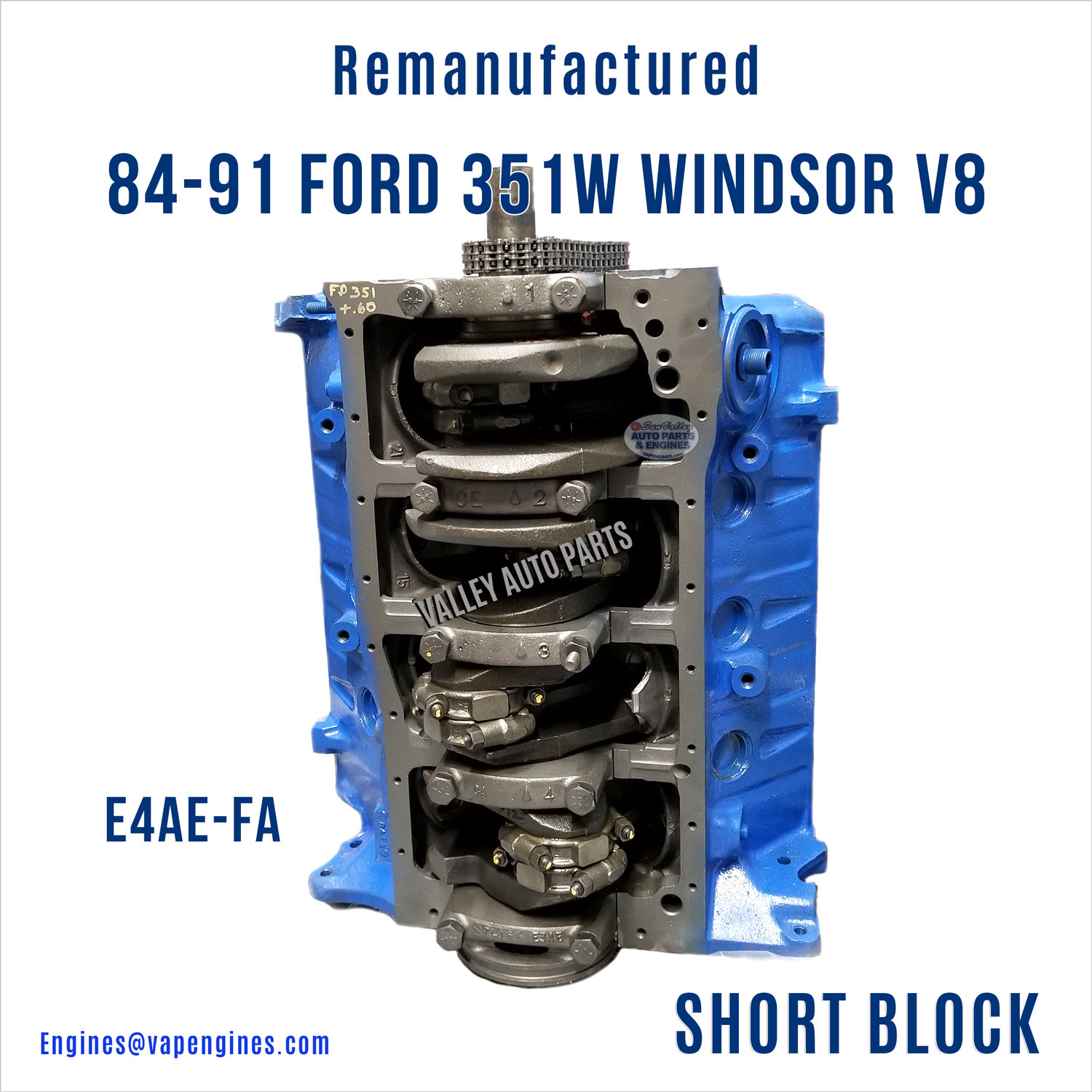 84-91 Ford Windsor 351W 5.8 Short Block Engine. Crank view