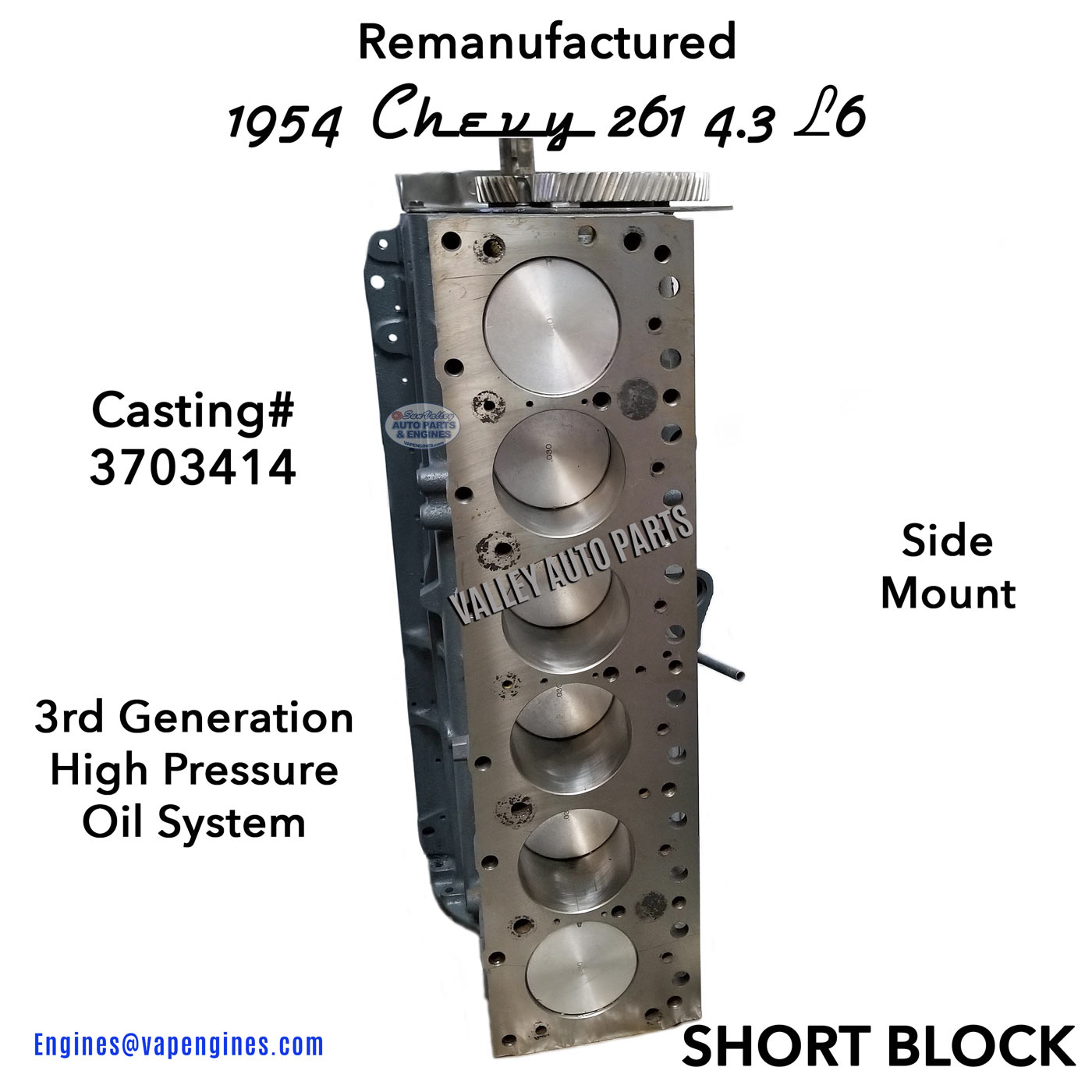 1954 Chevy 261 4.3L L6 Short Block Engine Remanufactured. Decked view