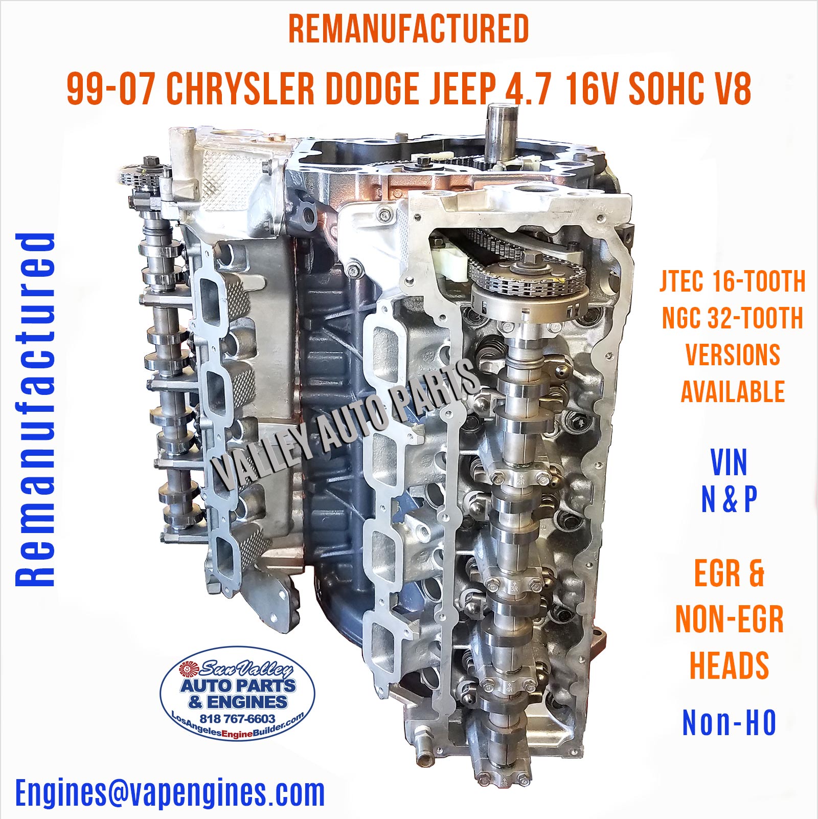 Rebuilt Remanufactured 99-07 Chrysler, Dodge, Jeep RAM 4.7L Engine