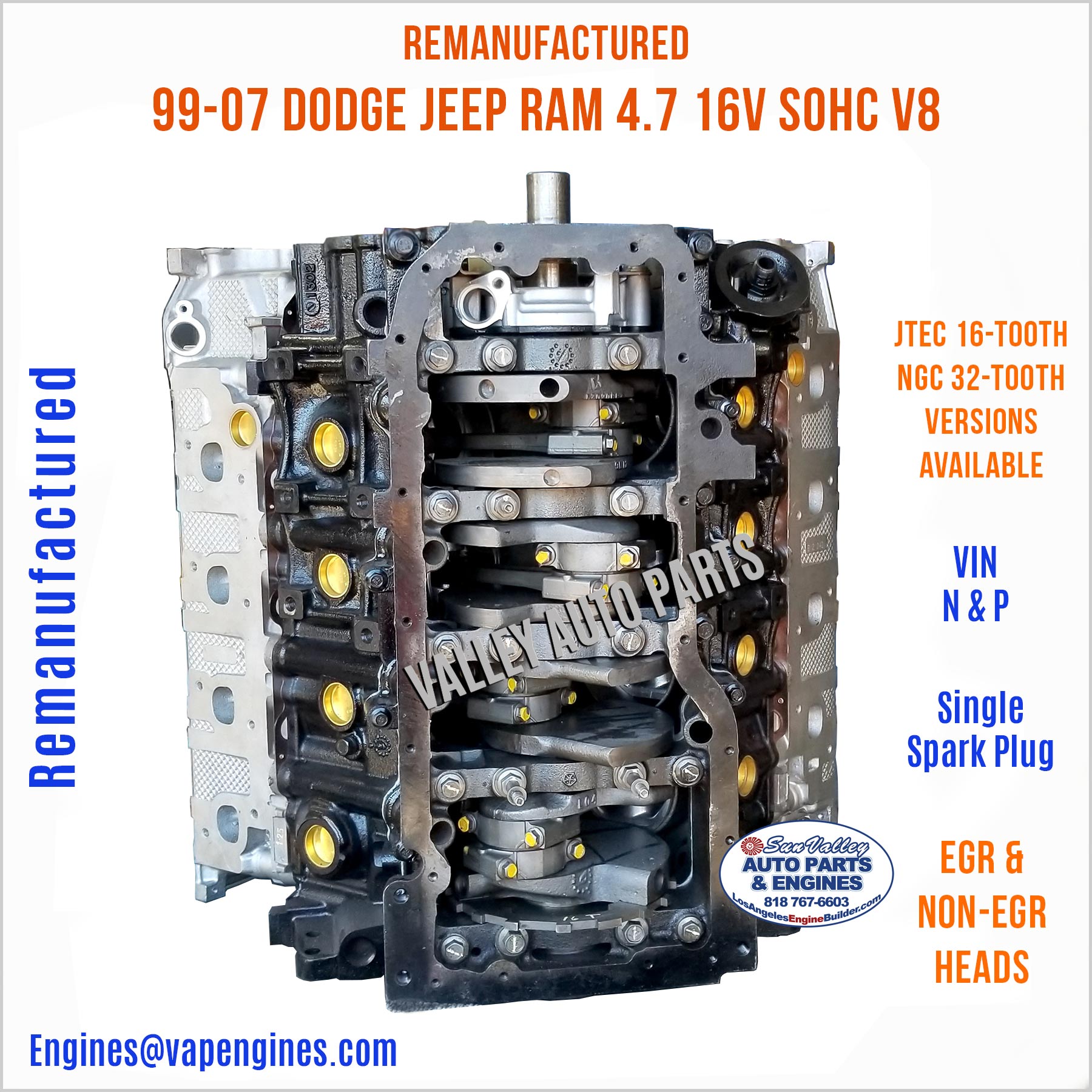 Rebuilt Reman 99-07 Chrysler, Dodge, Jeep Ram 4.7L Engine