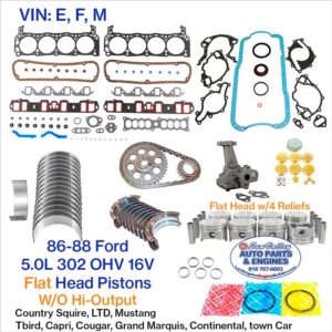 86-88 Ford 5.OL 302 V8 OHV 16V Engine Rebuild Kit. Flat Pistons. W/O Hi-output