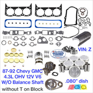87-92 Chevy GM 4.3L OHV 12V V6 Engine Rebuild Kit; VIN Z, .080 Dish, No balance shaft