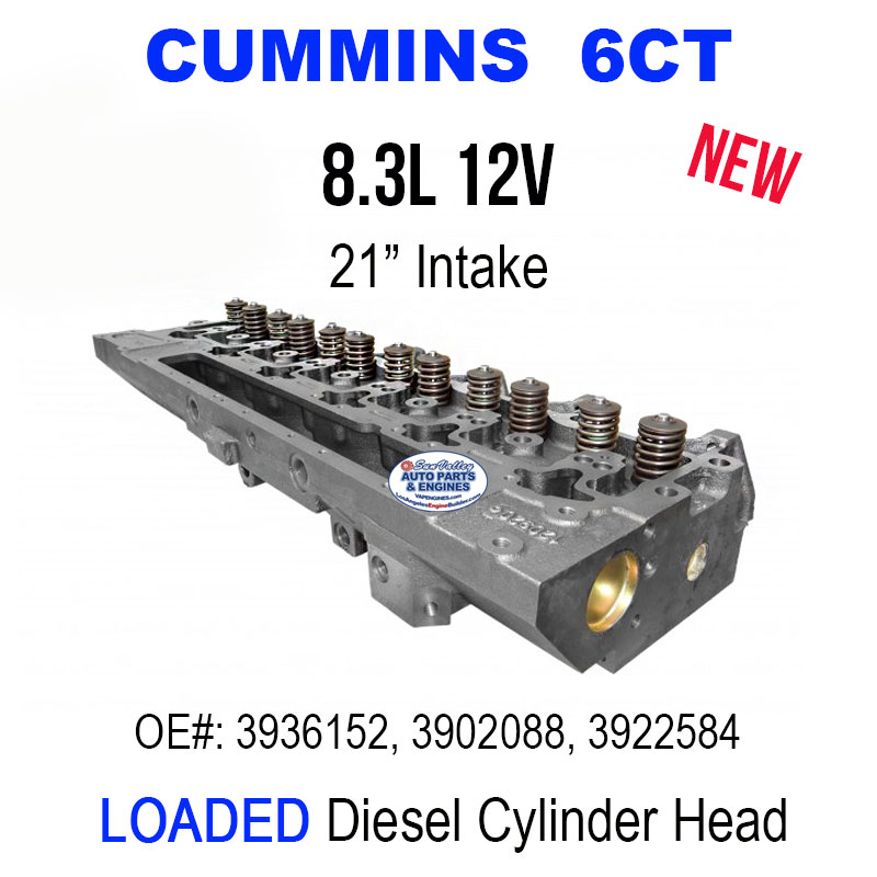 91-02 6CT 8.3 12V Cummins Diesel Cylinder head loaded with valves. 21" Intake. Angle view