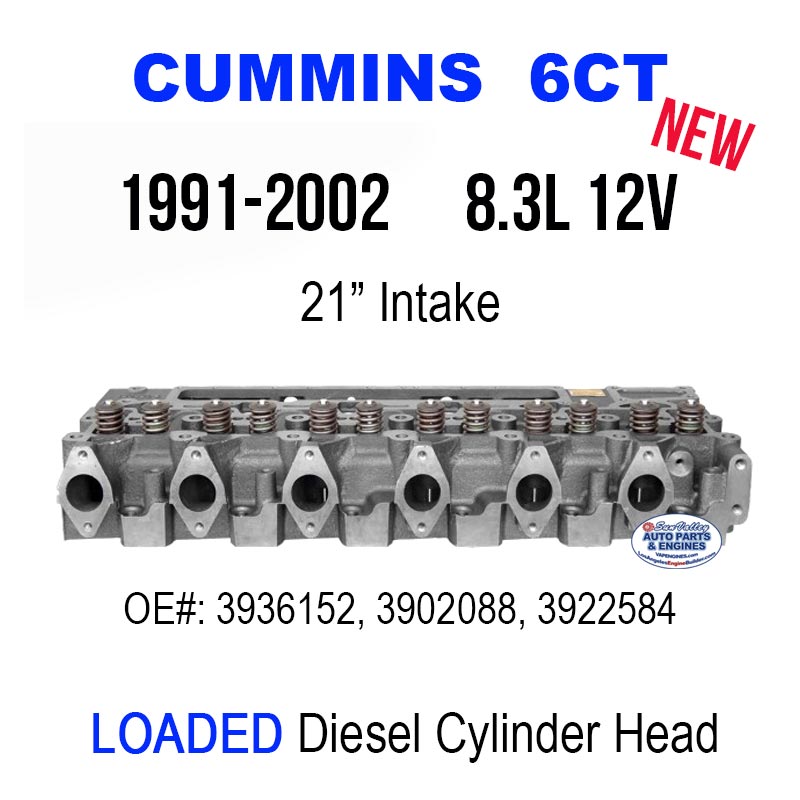 91-02 6CT 8.3 12V cummins cylinder head loaded with valves. 21 inch Intake. ports