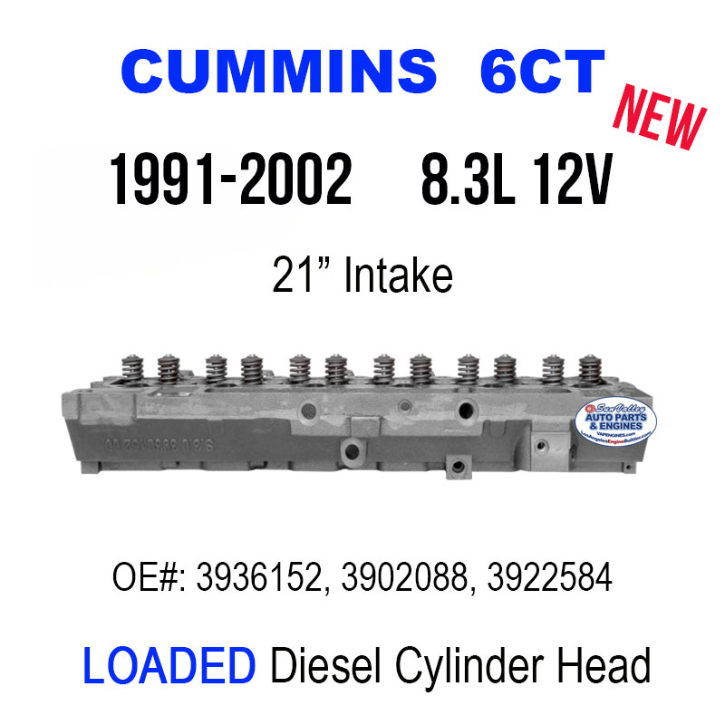 91-02 6CT 8.3 12V Cummins Diesel cylinder head loaded with valves. 21 inch Intake.