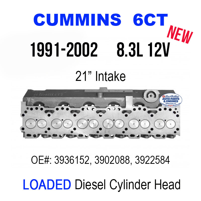 91-02 6CT 8.3 12V cummins cylinder head loaded with valves. 21 inch Intake.