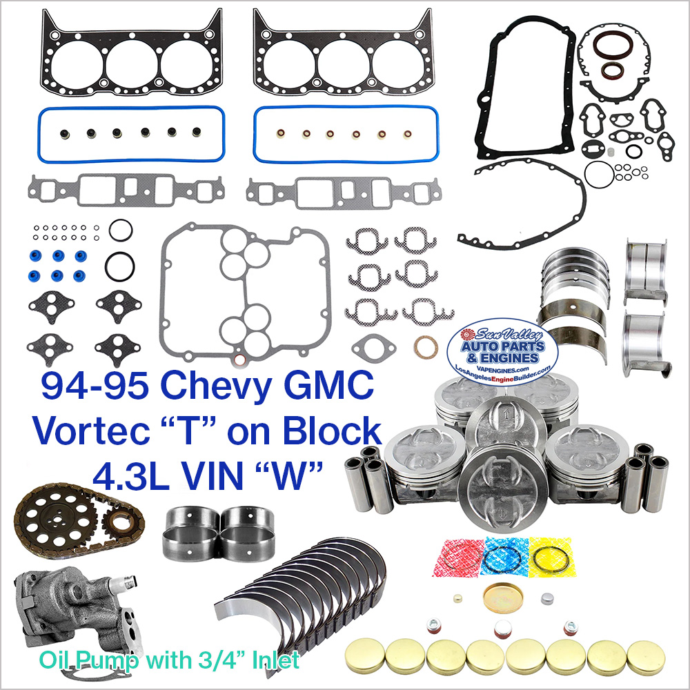 94-95 Chevy GMC 4.3L Vortec Engine Rebuild Kit. T on Block
