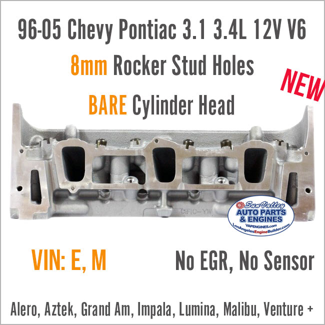96-05 Chevy Pontiac 3.1 3.4 OHV V6 Bare Cylinder Head, 8mm. 487/170. Ports
