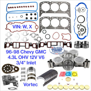 96-98 Chevy GM 4.3L OHV 12V V6 Vortec Engine Rebuild Kit; VIN W, X. ¾" OP Inlet