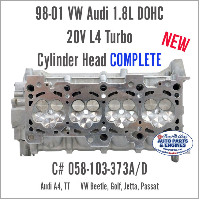 98-01 Audi VW 1.8L DOHC 20V Turbo New Cylinder Head 373A/D, Complete with Valves/Cam. Face view