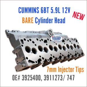 Cummins 6BT 5.9L 12V BARE Diesel Cylinder Head. 7mm, OE 3925400. Angle view