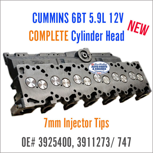 Cummins 6BT 5.9L 12V Complete Diesel Cylinder Head with valves. 7mm, OE 3925400. Angle view