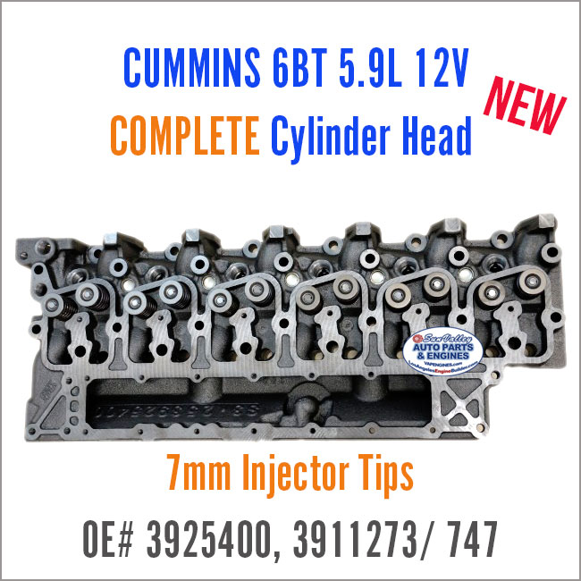 Cummins 6BT 5.9L 12V Complete Diesel Cylinder Head with valves. 7mm, OE 3925400. Back