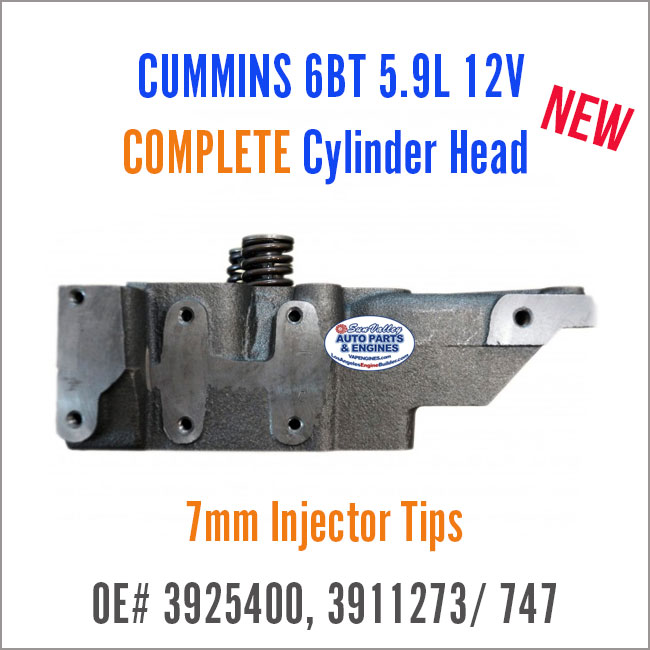 Cummins 6BT 5.9L 12V Complete Diesel Cylinder Head with valves. 7mm, OE 3925400. End
