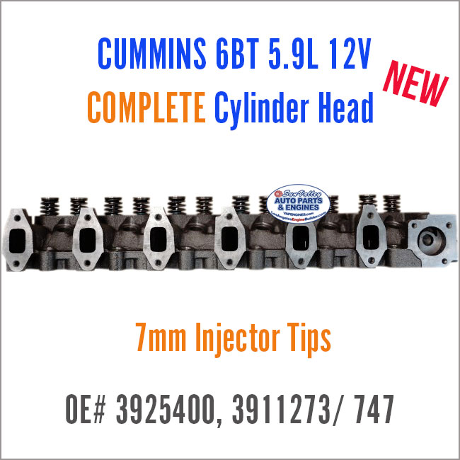 Cummins 6BT 5.9L 12V Complete Diesel Cylinder Head with valves. 7mm, OE 3925400. Ports