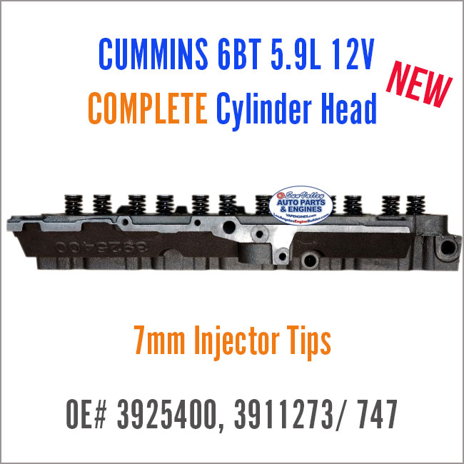 Cummins 6BT 5.9L 12V Complete Diesel Cylinder Head with valves. 7mm, OE 3925400. side