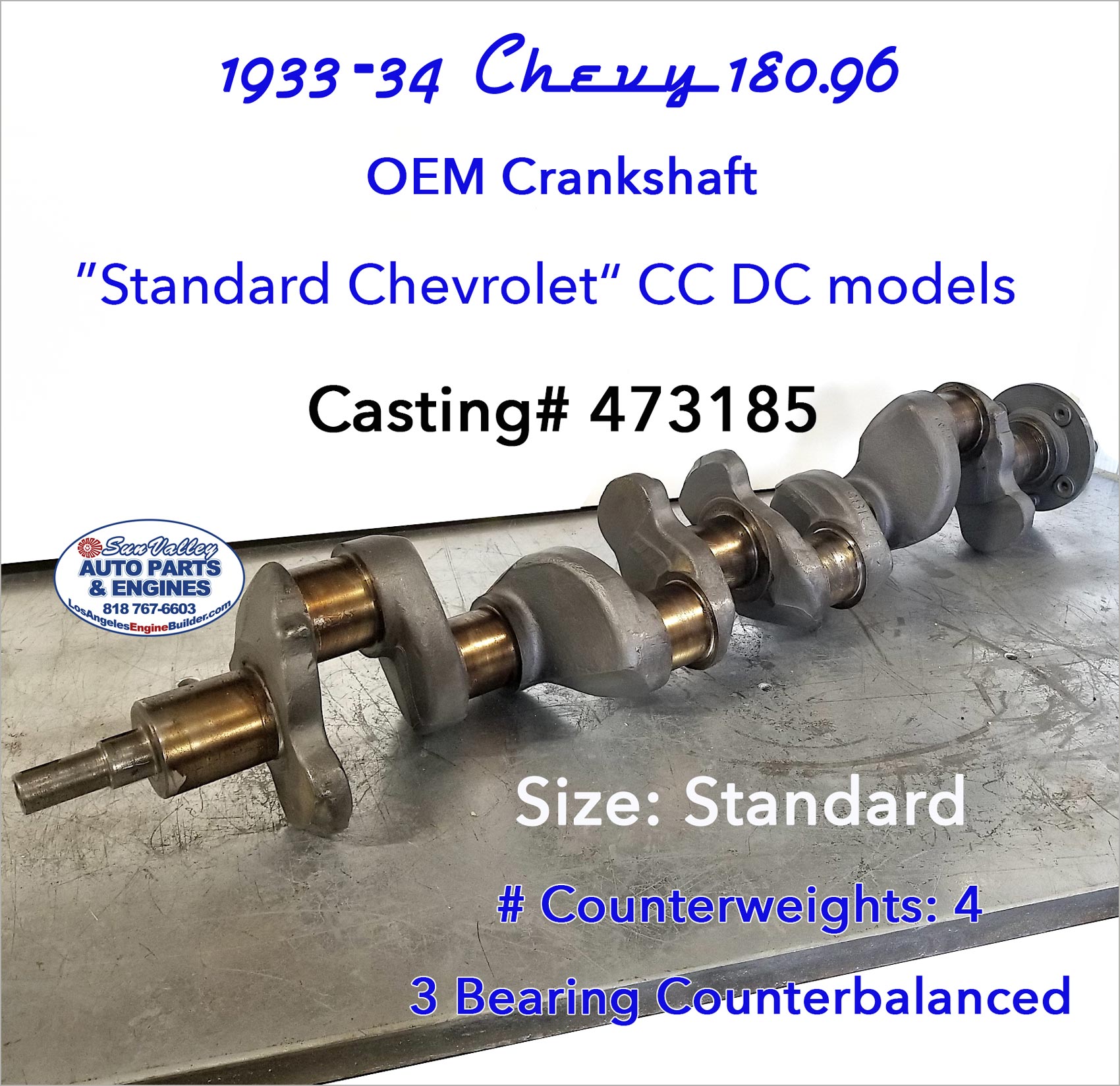 33-34 Chevy CC DC 180.96 Crankshaft # 473185 angle view
