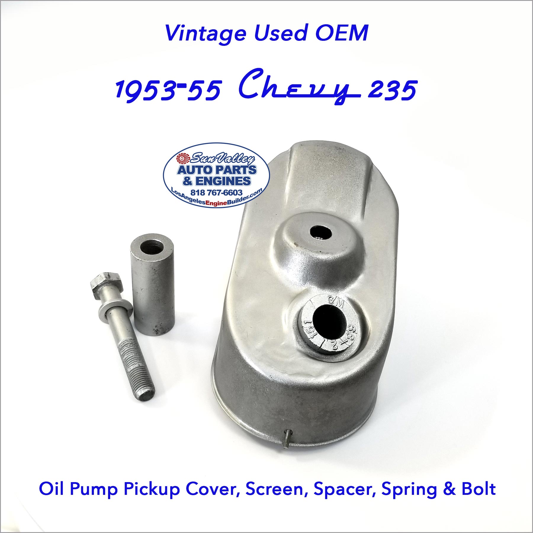 Long view of cover. Vintage Used OEM 53-55 Chevy 235 Oil Pickup Cover Screen Spacer