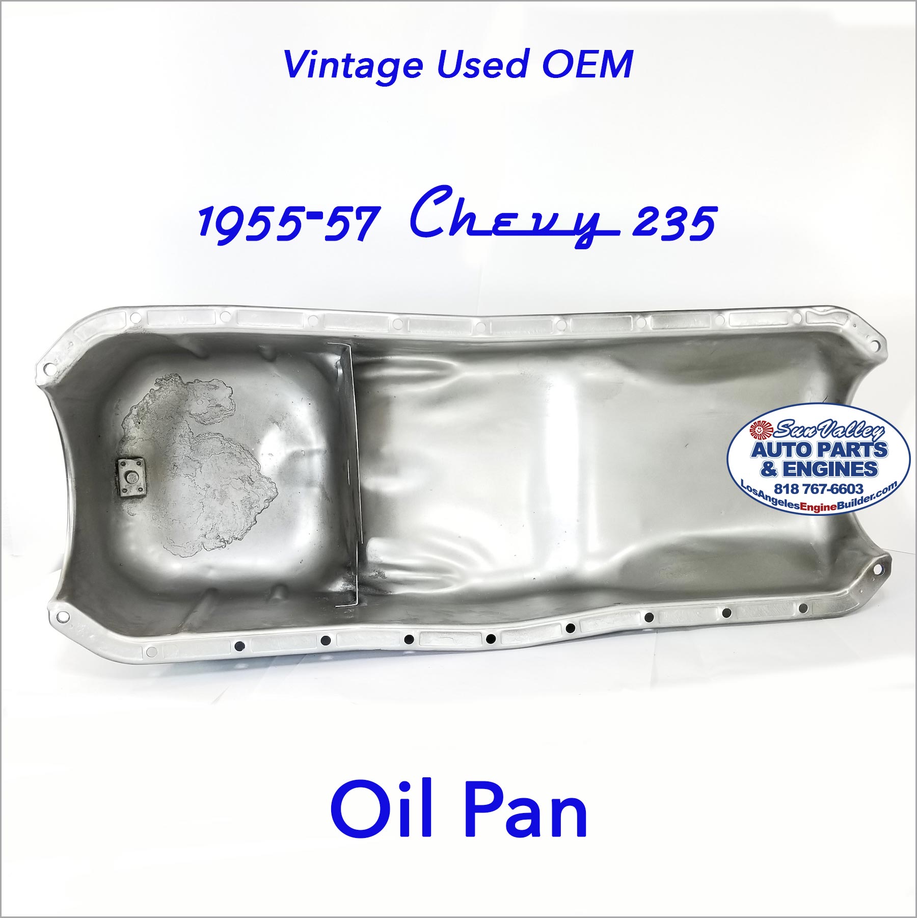 Vintage Used OEM 55-57 Chevy 235 Oil Pan laying on side