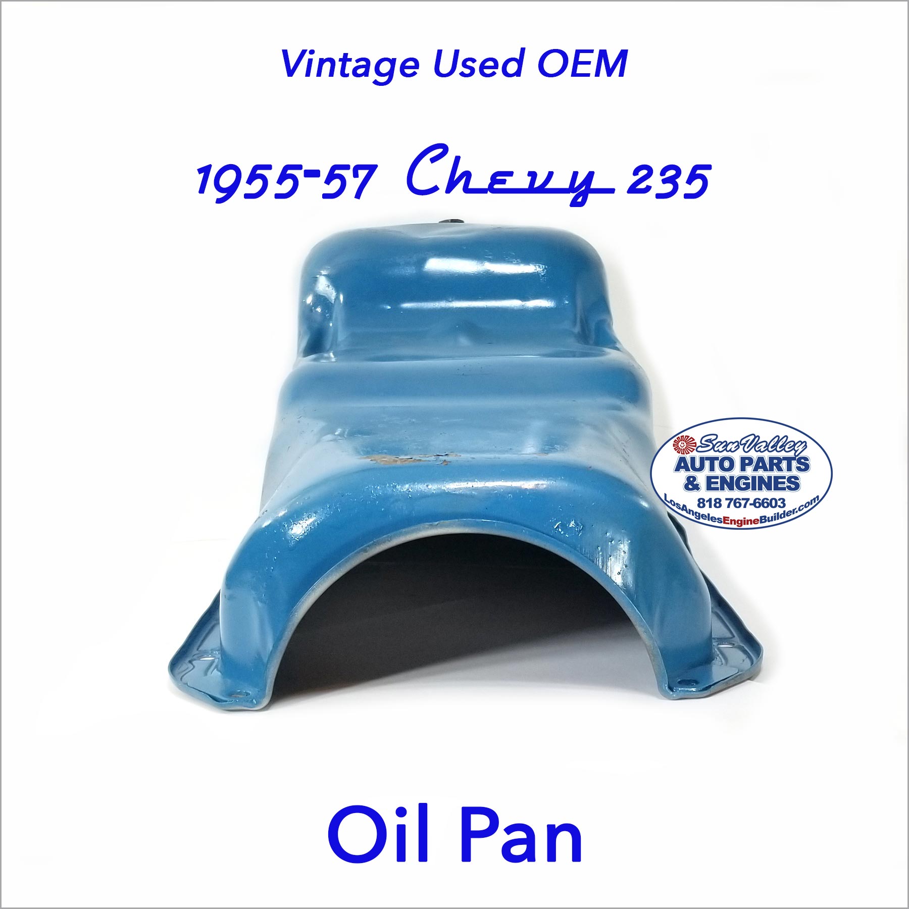 Front to rear view outer. Vintage Used OEM 55-57 Chevy 235 Oil Pan