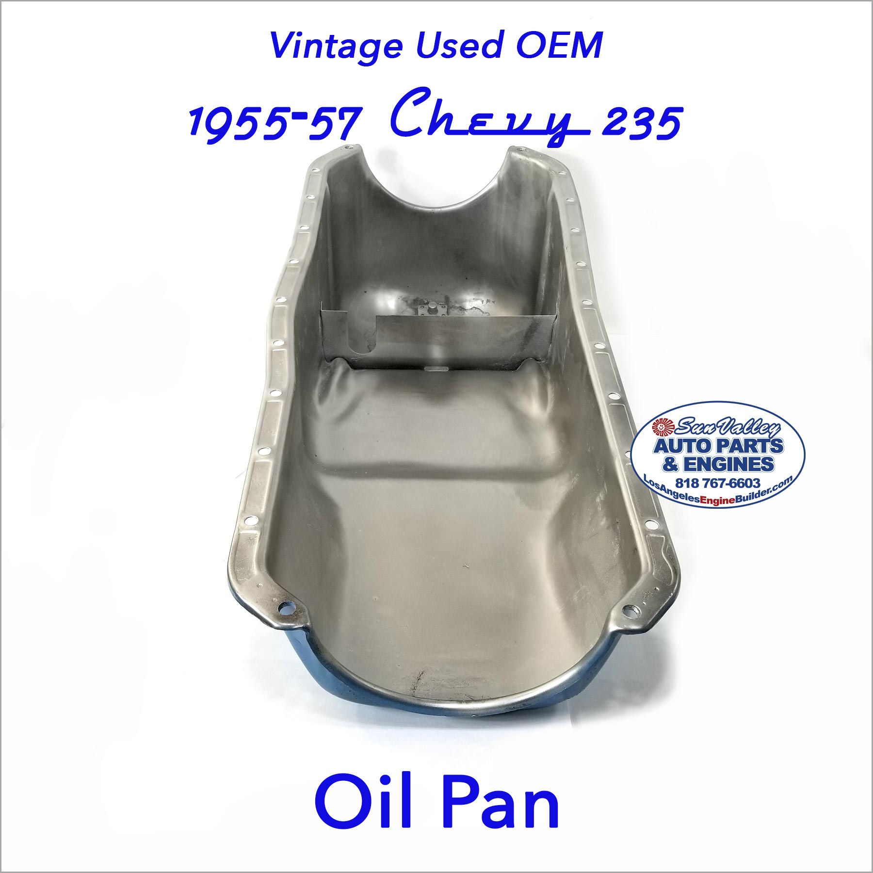 Underside view. Vintage Used OEM 55-57 Chevy 235 Oil Pan