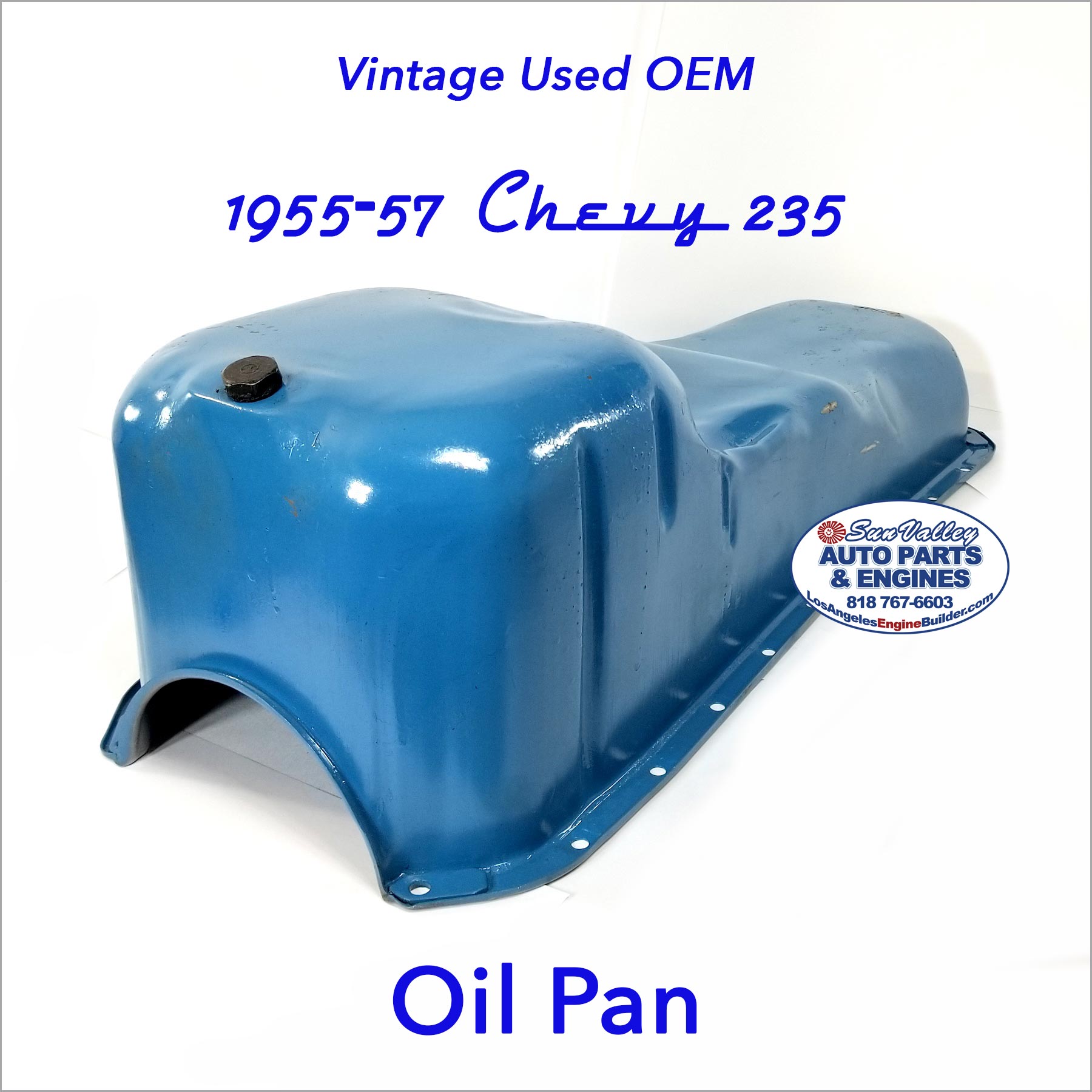 Rear Left Angle. Vintage Used OEM 55-57 Chevy 235 Oil Pan