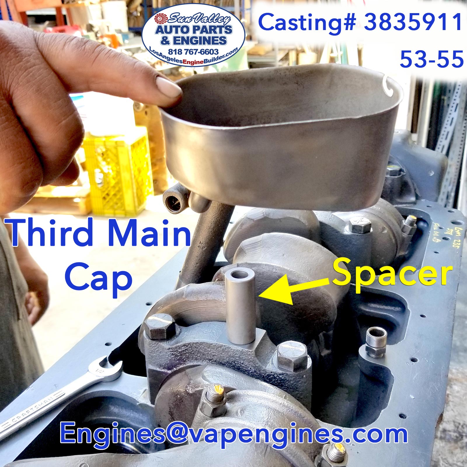 Attaching Oil Pump Pickup Cover, Spacer to Third Main Cap 53-55 GM 235
