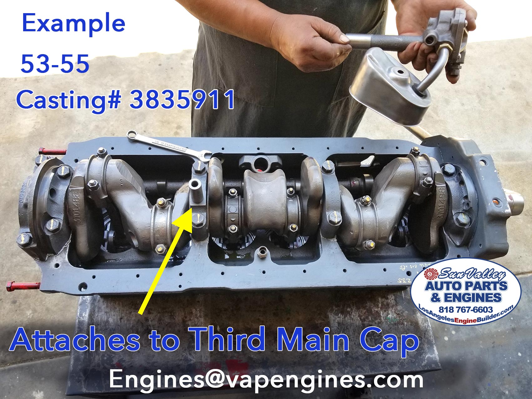 Attaching Oil Pickup Cover, Spacer to Third Main Cap 53-55 GM 235