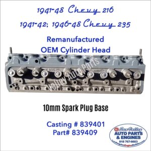 Remanufactured OEM 41-48 Chevy 216 Cylinder Head; 10mm plugs C# 839401. top view